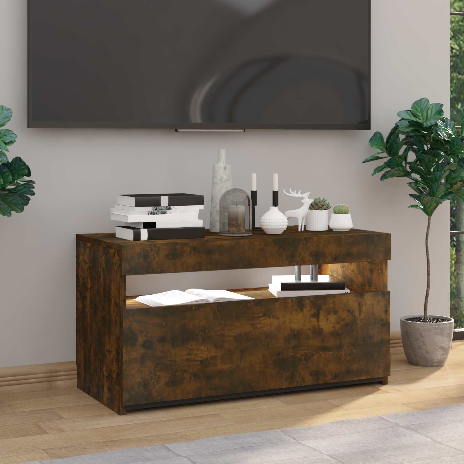 Televizoriaus spintelė su LED, dūminio ąžuolo, 75x35x40cm