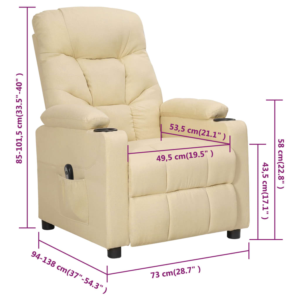 Electric reclining armchair, cream, fabric