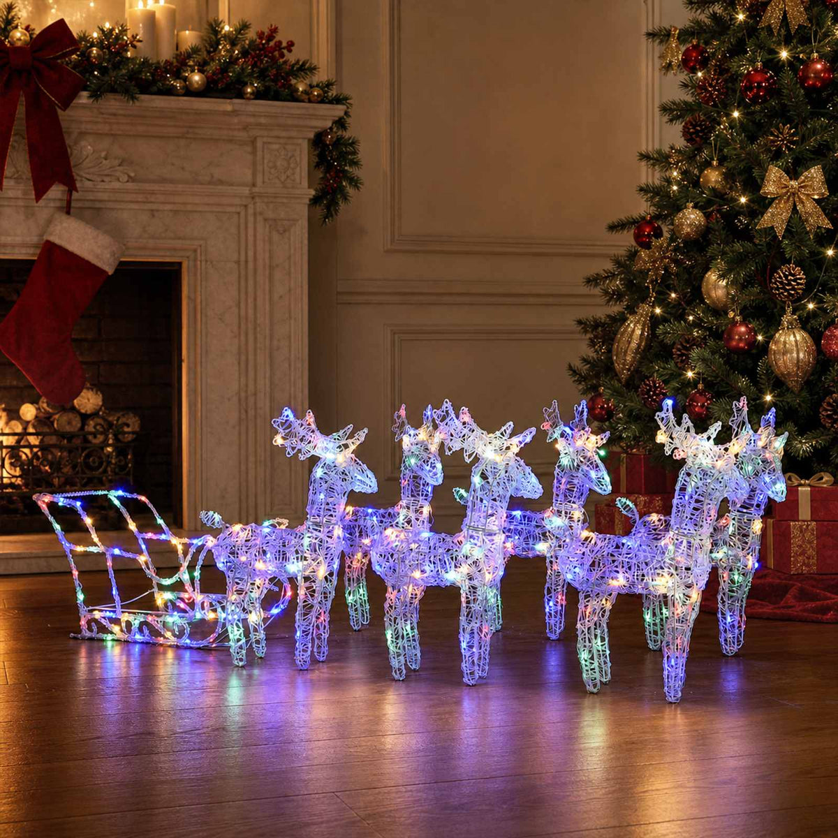 Kalėdų dekoracija elniai ir rogės, akrilas, 320 LED