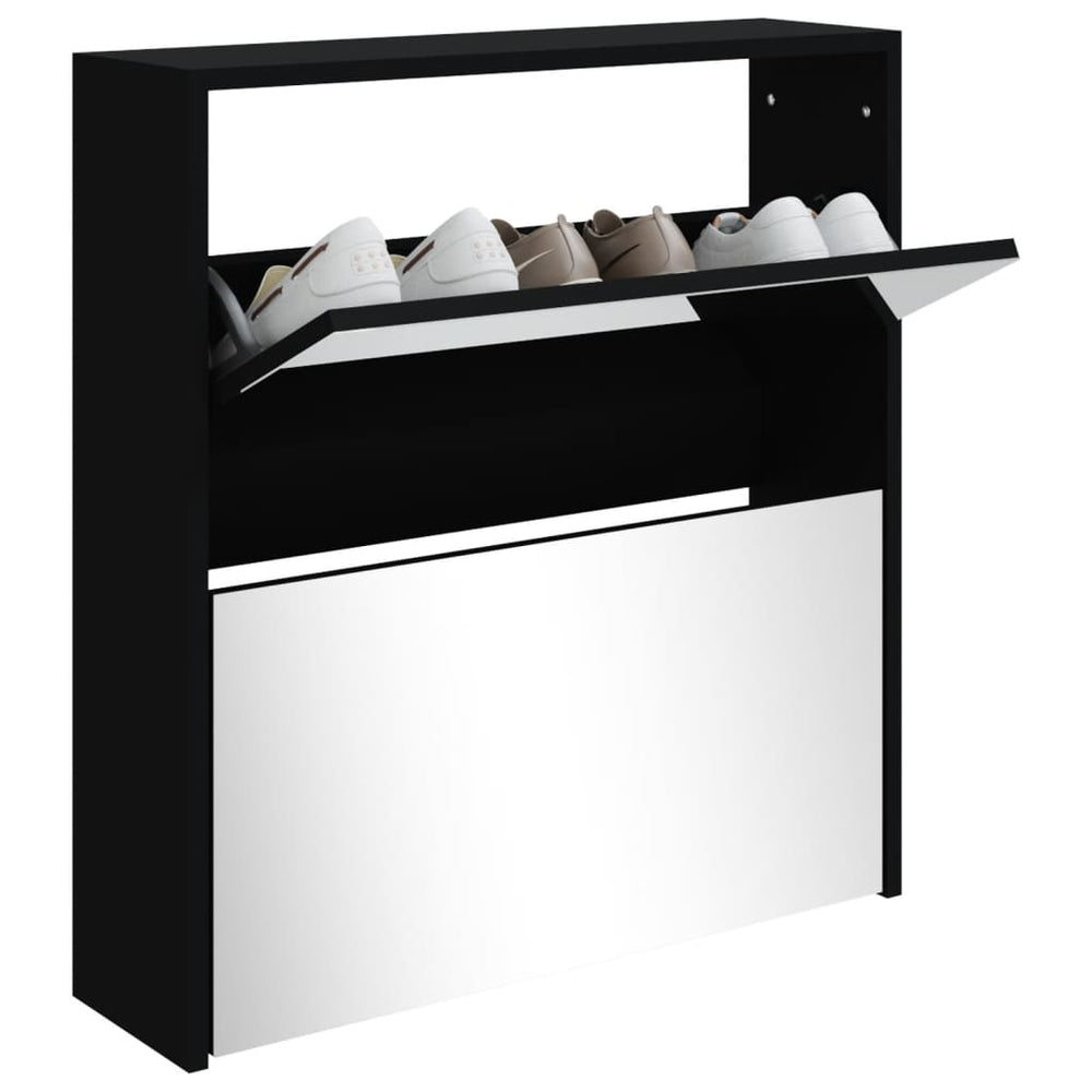 Shoe cabinet with mirror, 2-tier, black, 63x17x67cm