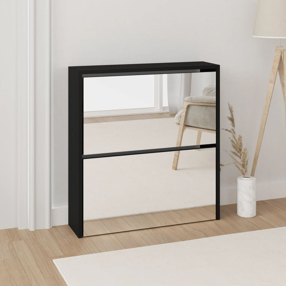 Shoe cabinet with mirror, 2-tier, black, 63x17x67cm