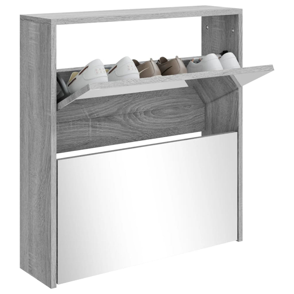 Shoe cabinet with mirror, 2-tier, grey oak, 63x17x67cm