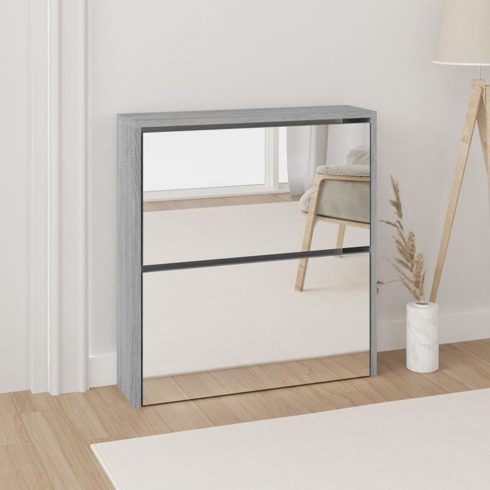 Shoe cabinet with mirror, 2-tier, grey oak, 63x17x67cm