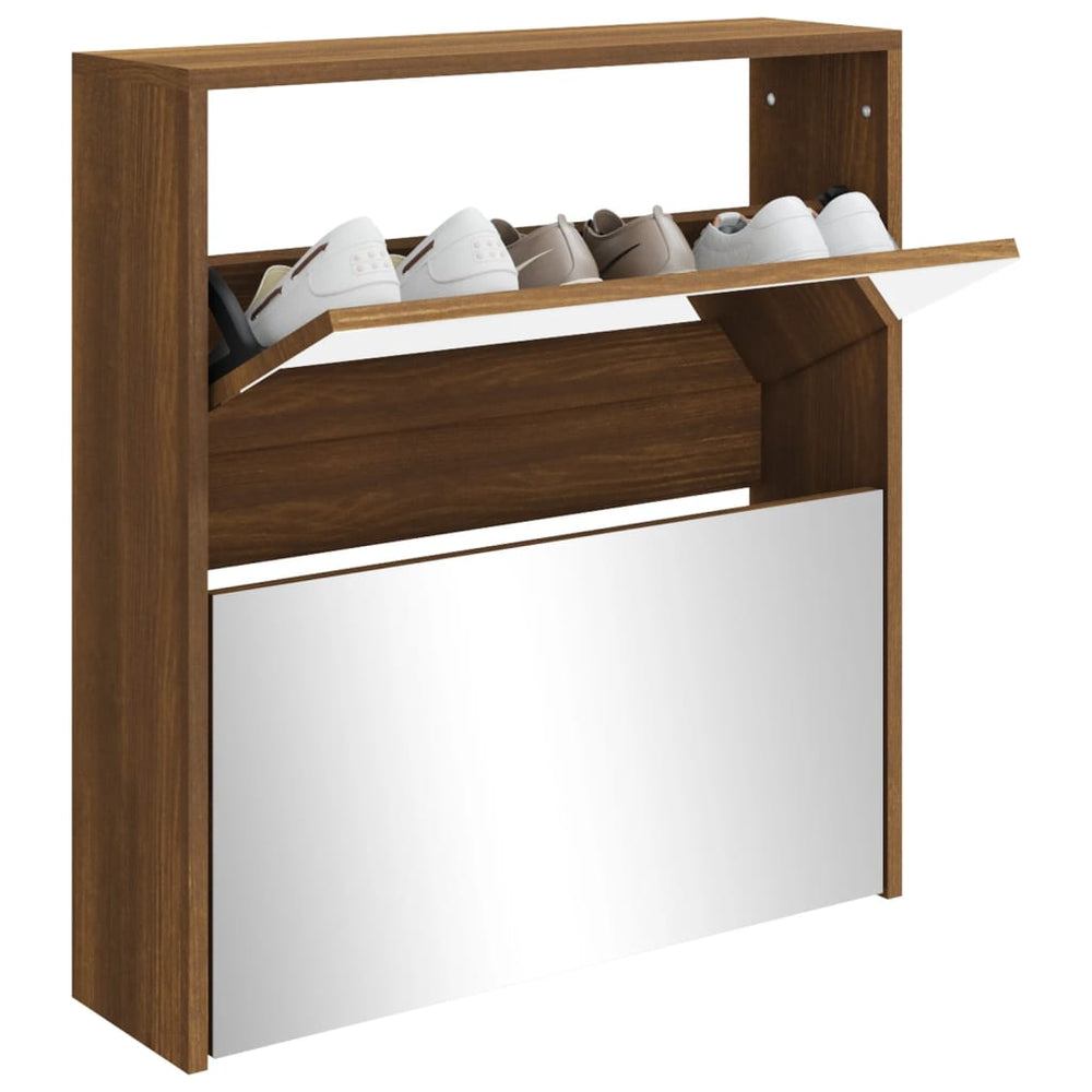 Shoe cabinet with mirror, 2-tier, brown oak, 63x17x67cm