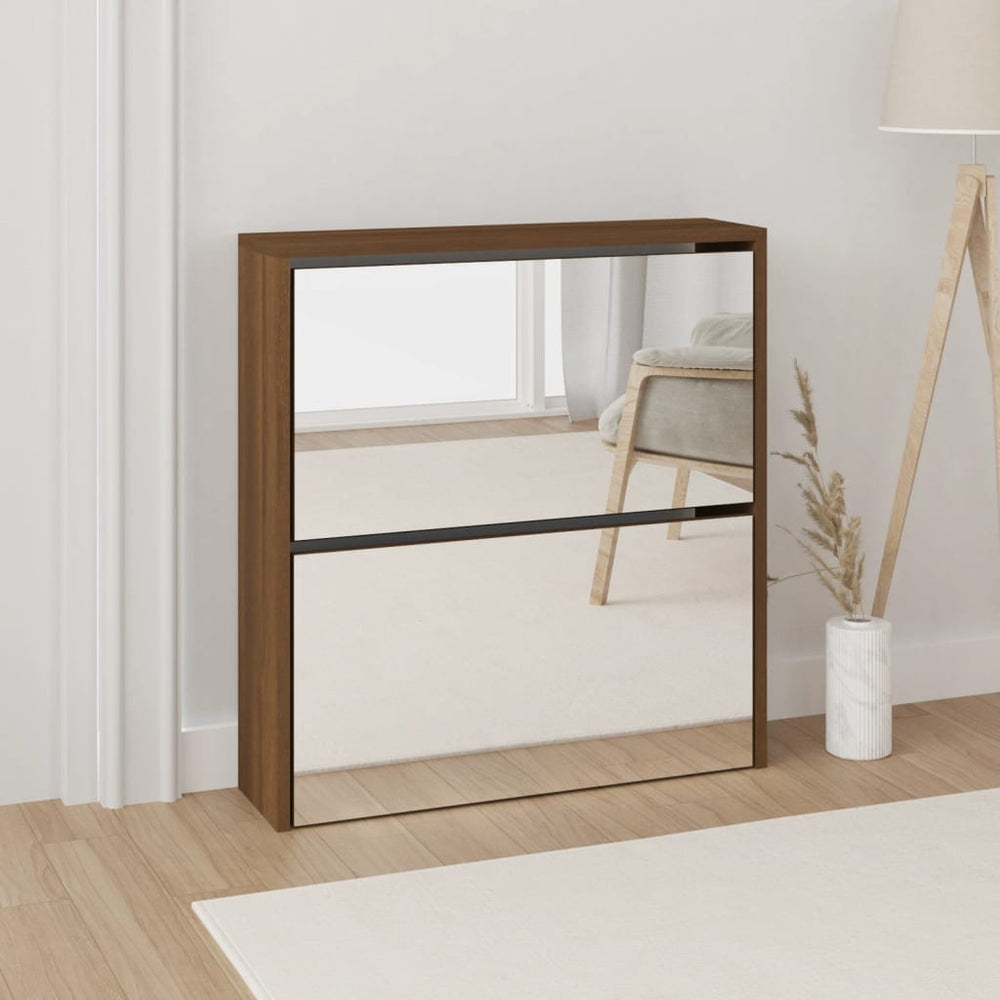 Shoe cabinet with mirror, 2-tier, brown oak, 63x17x67cm