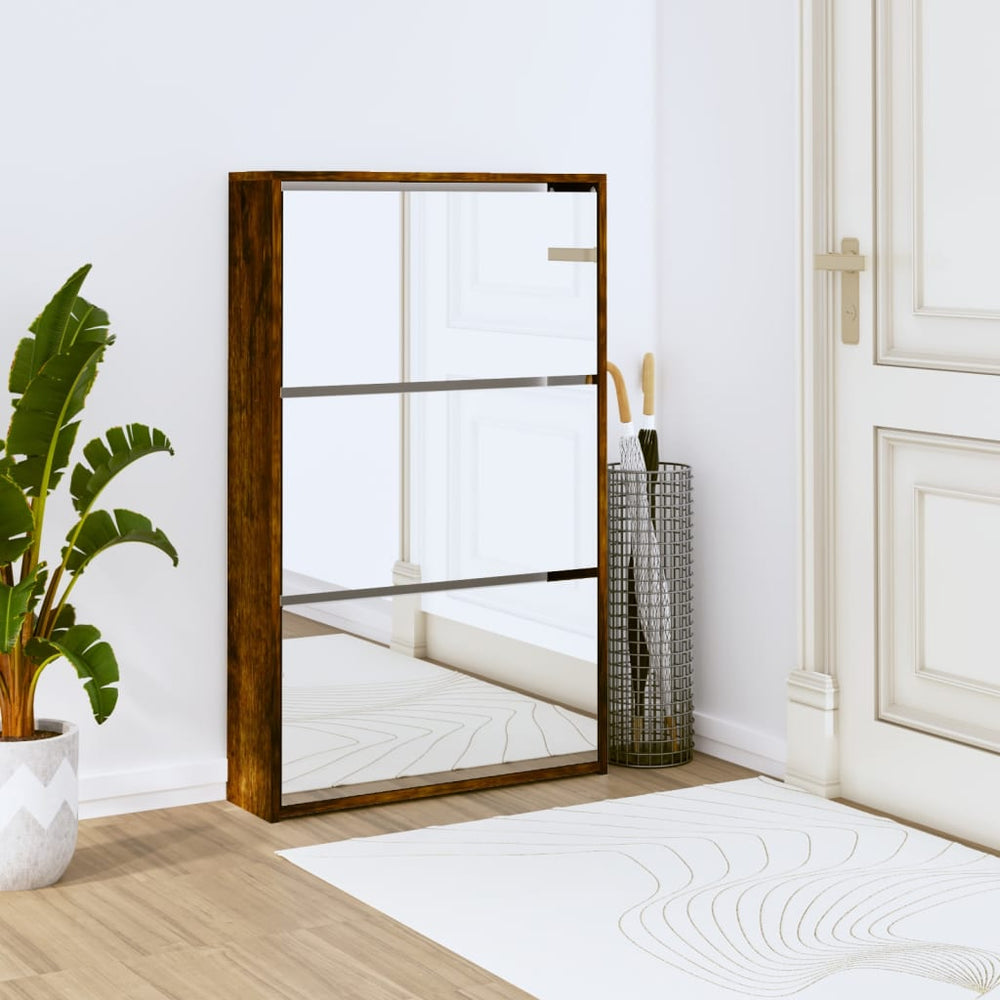 Shoe cabinet with mirror, 3-tier, oak, 63x17x102.5cm