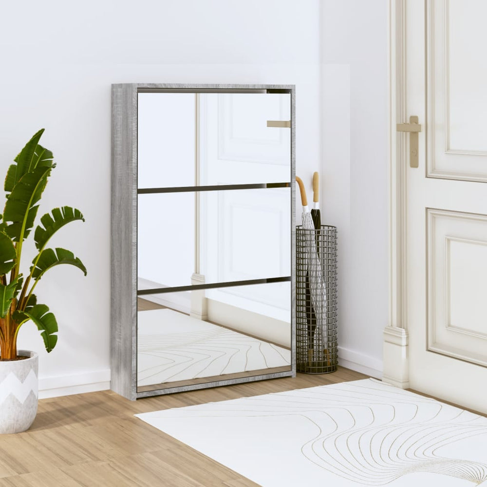Shoe cabinet with mirror, 3-tier, grey, 63x17x102.5cm