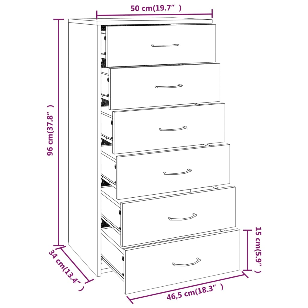Side cabinet with 6 drawers, oak, 50x34x96cm, wood