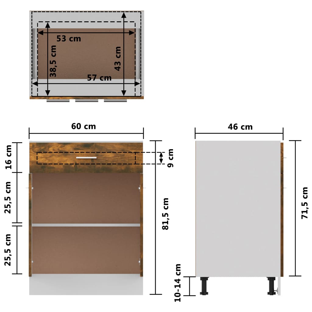 Base cabinet with drawer, "Lyon", oak, 60x46x81.5cm
