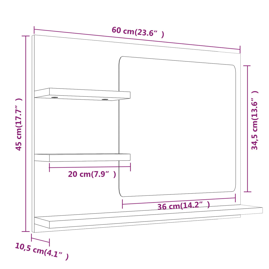 Bathroom mirror, grey oak, 60x10.5x45cm, wood