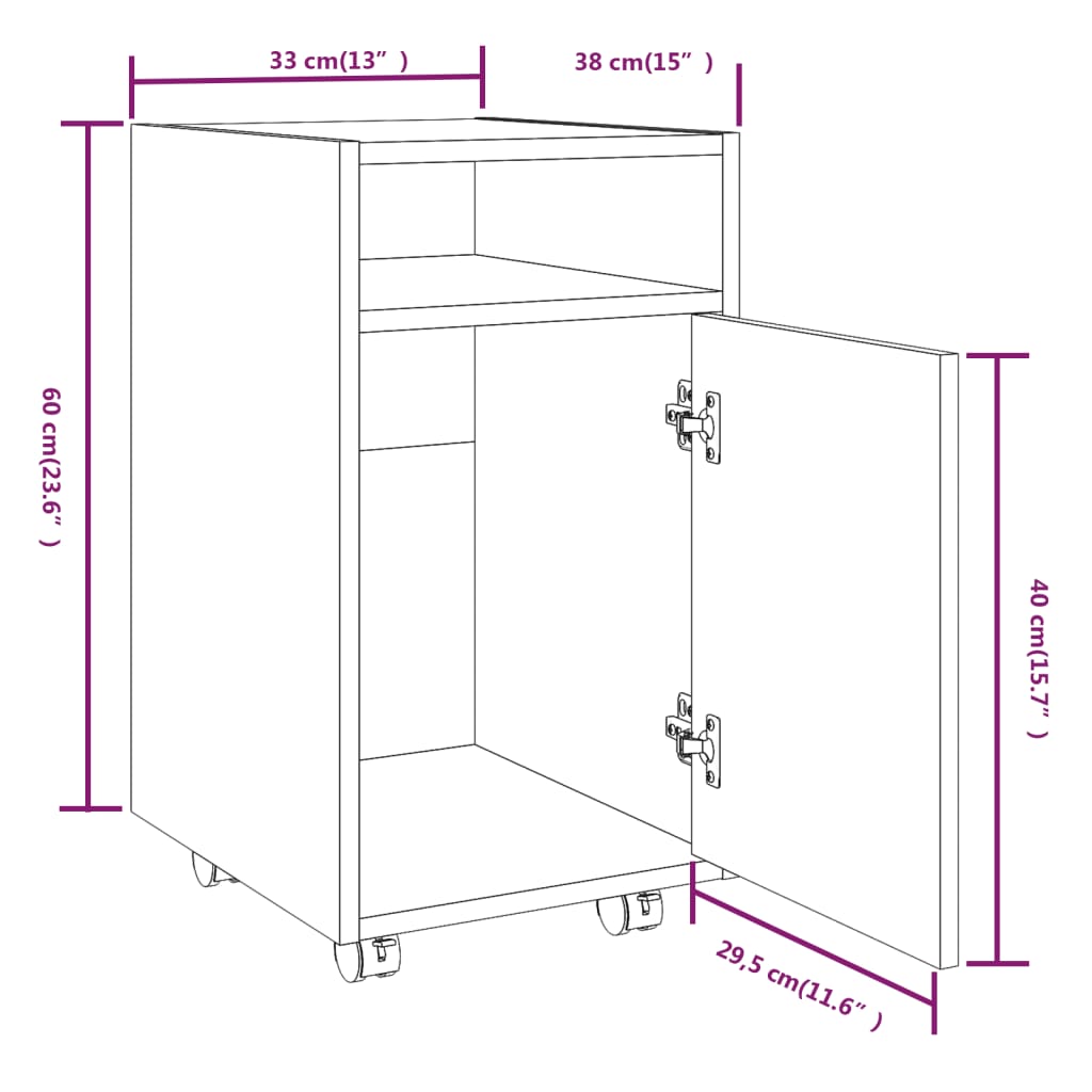 Side cabinet with castors, brown, 33x38x60cm, wood