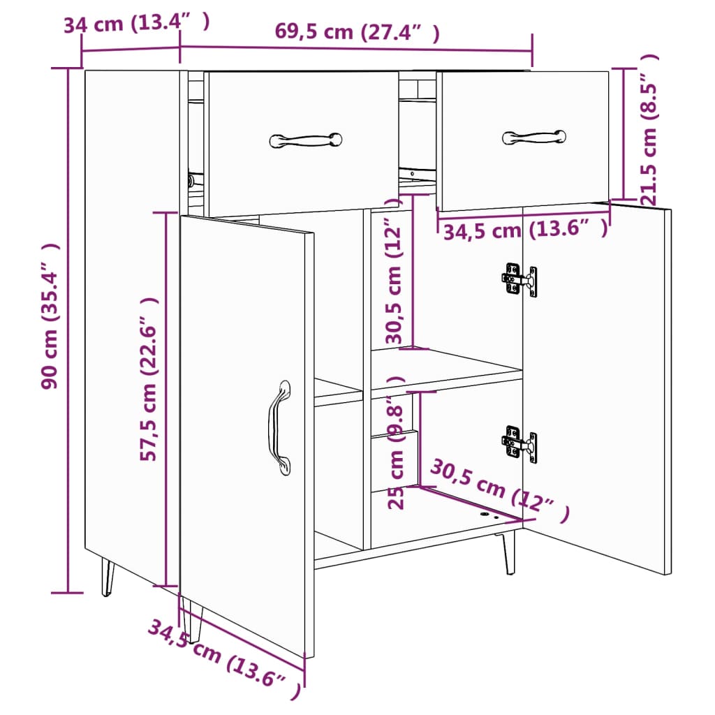 Side cabinet, grey oak, 69.5x34x90cm, engineered wood