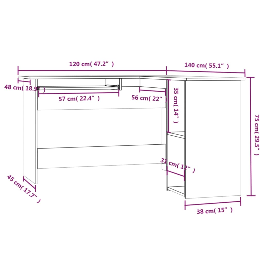 Corner desk, grey oak, 120x140x75cm, wood
