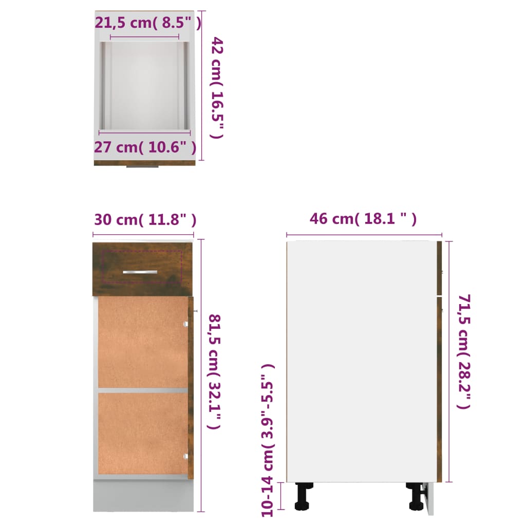 Base cabinet with drawer, "Lyon", oak, 30x46x81.5cm