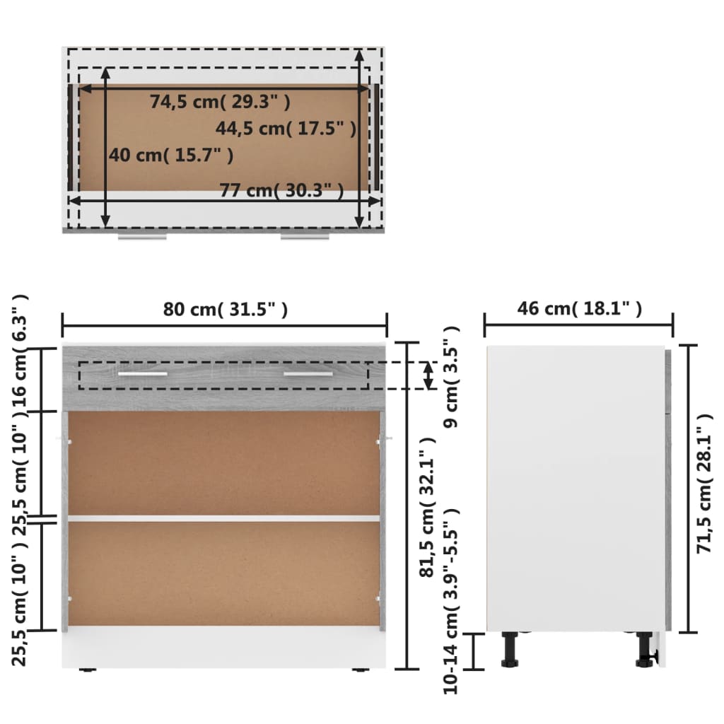 Base cabinet with drawer, "Lyon", gray, 80x46x81.5cm