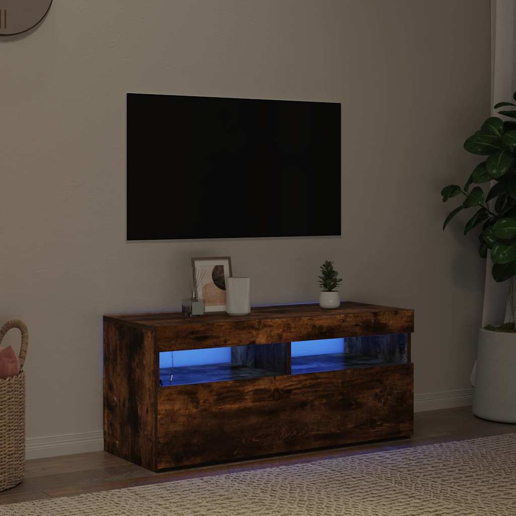 TV spintelė su LED apšvietimu, dūminio ąžuolo, 90x35x40cm