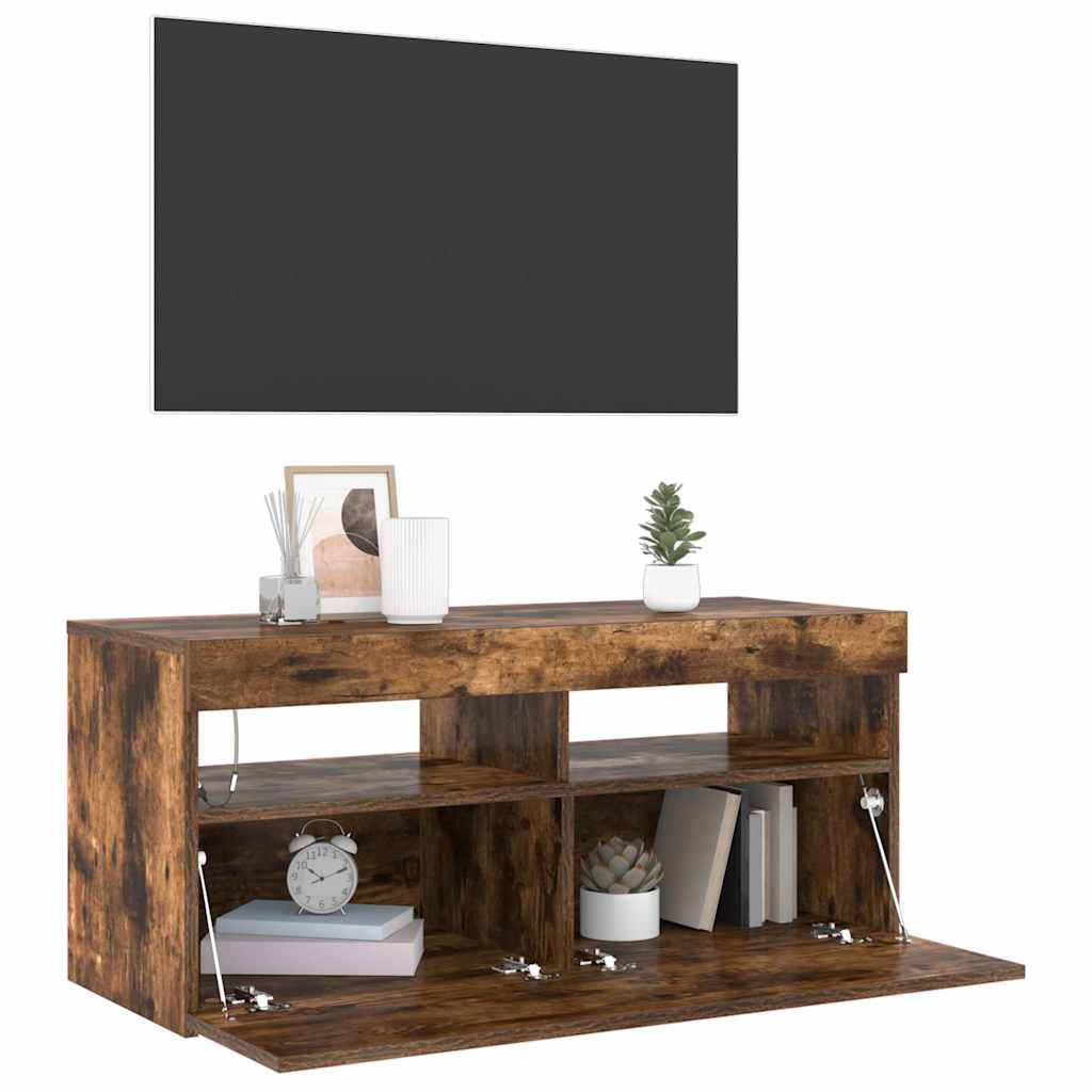 TV spintelė su LED apšvietimu, dūminio ąžuolo, 90x35x40cm