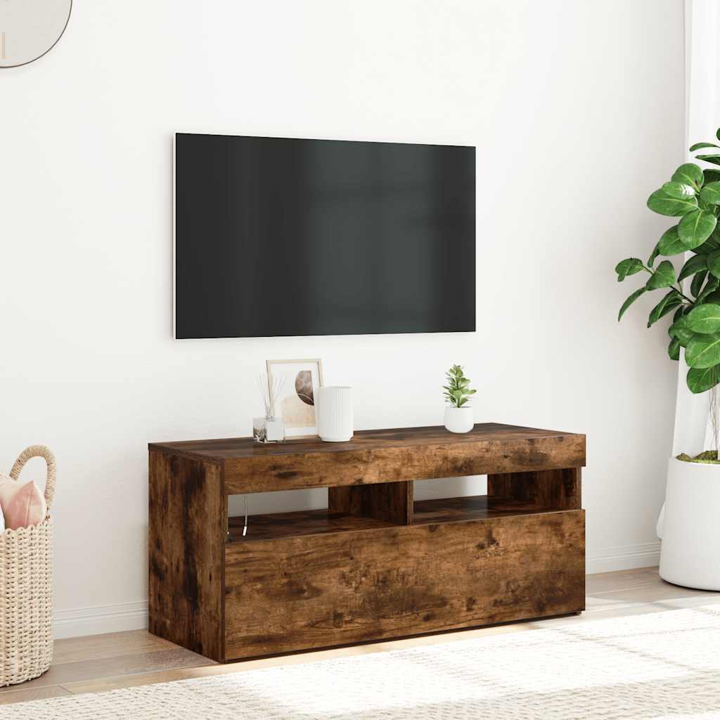 TV spintelė su LED apšvietimu, dūminio ąžuolo, 90x35x40cm