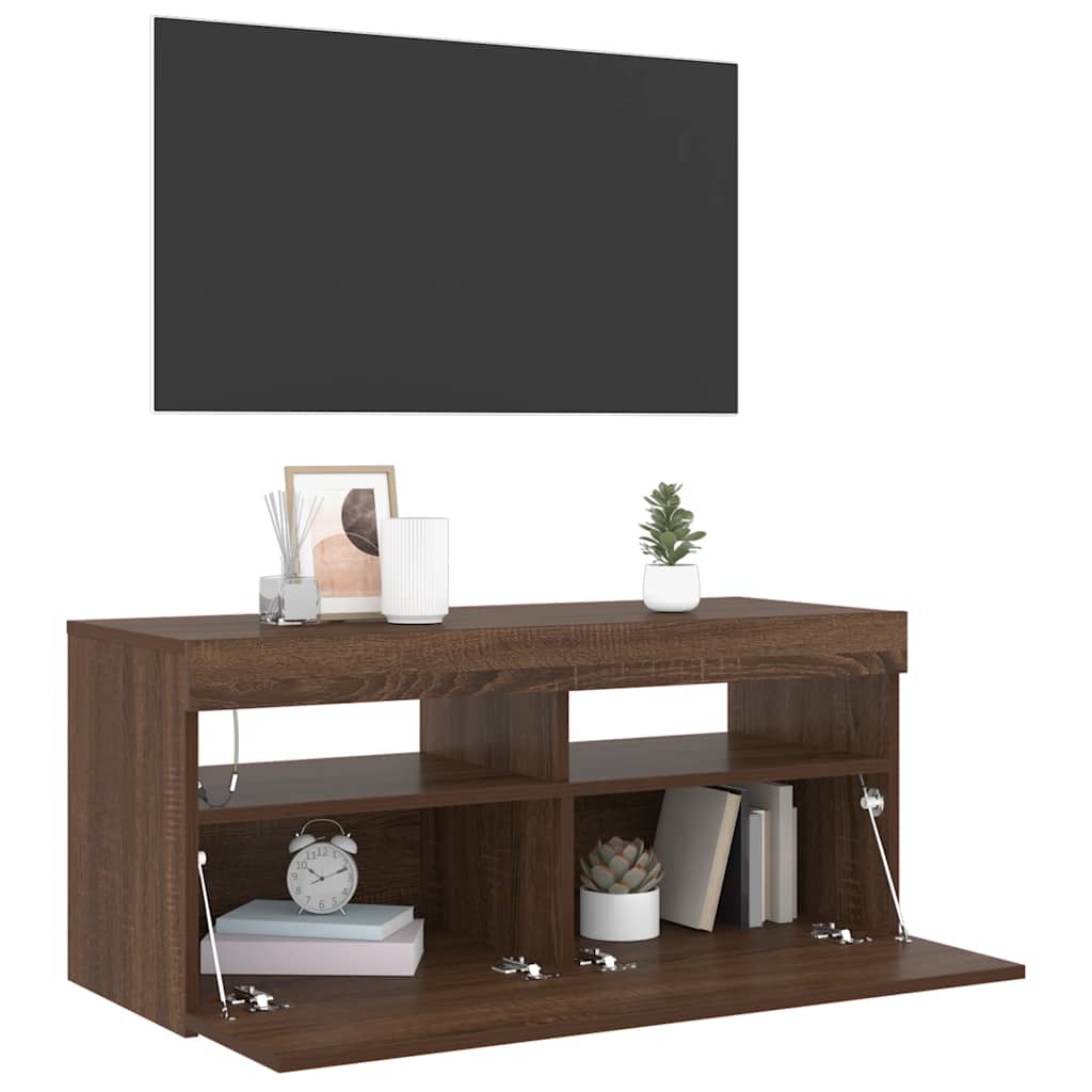 TV spintelė su LED apšvietimu, ruda ąžuolo, 90x35x40cm