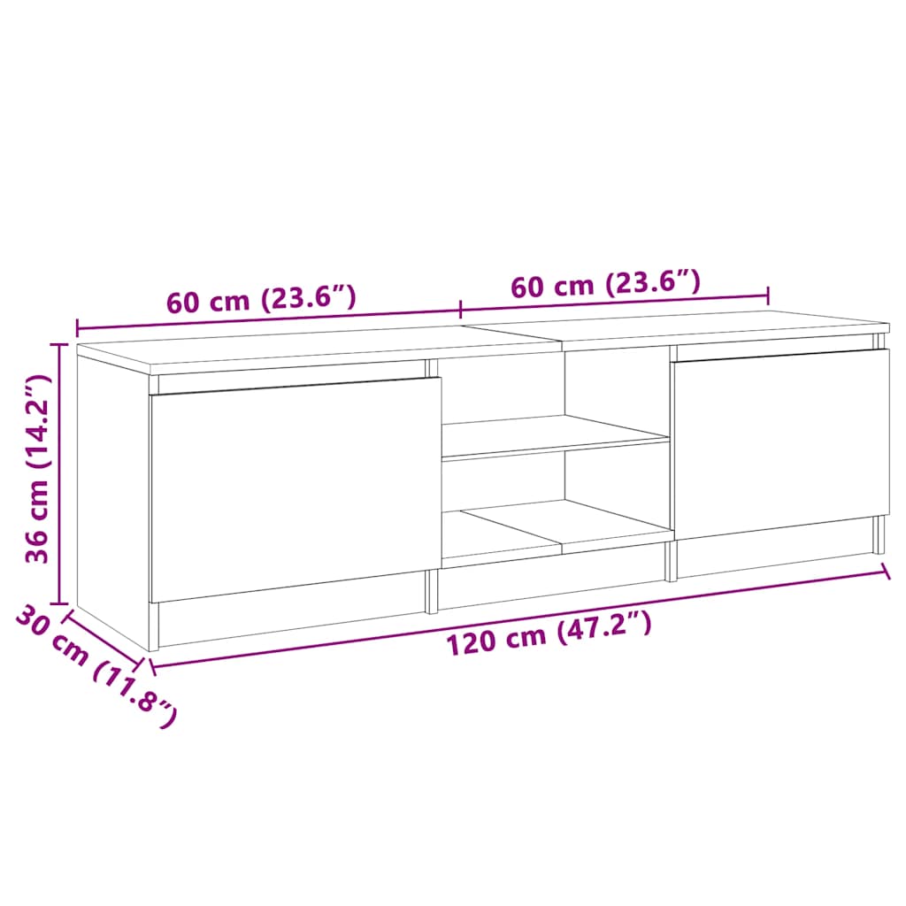 TV spintelė su LED apšvietimu, pilka ąžuolo, 120x30x36cm