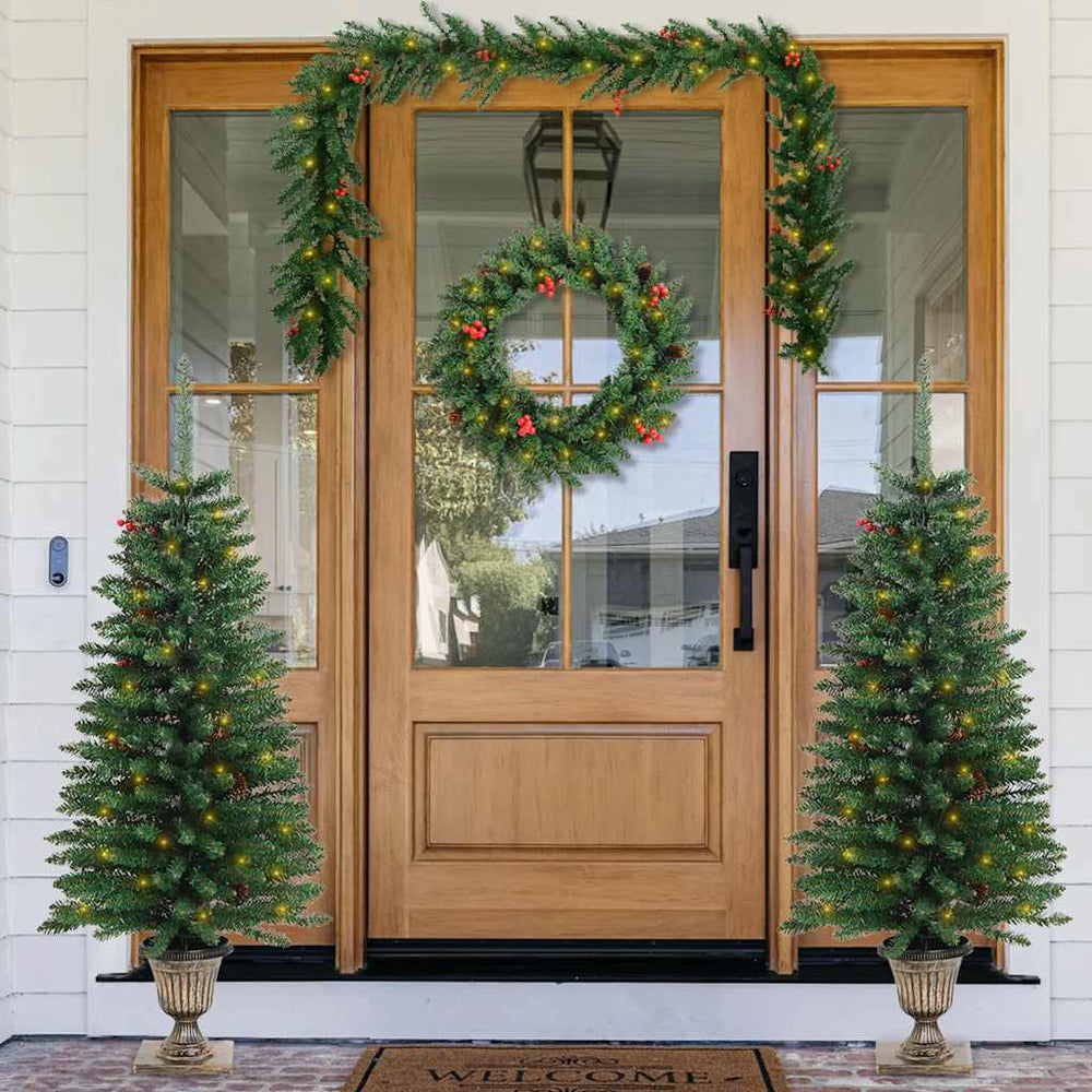 Artificial Christmas Trees with Wreath, Garland and LED, 2 pcs.
