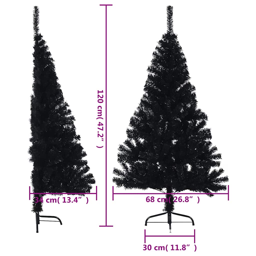 Dirbtinė pusinė Kalėdų eglutė su stovu, juoda, 120cm, PVC