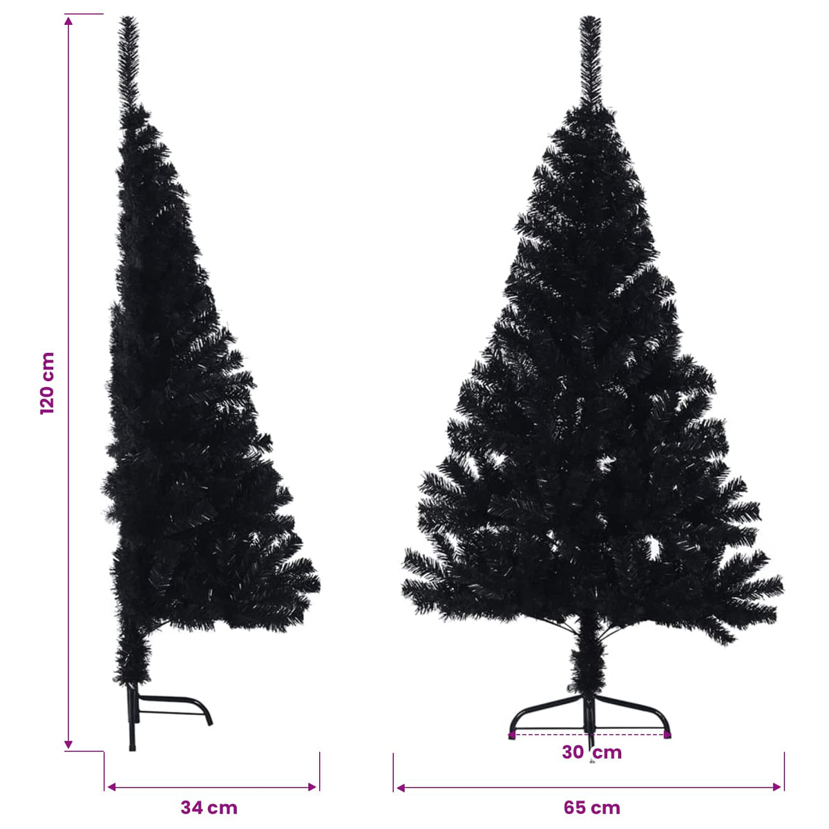 Dirbtinė pusinė Kalėdų eglutė su stovu, juoda, 120cm, PVC