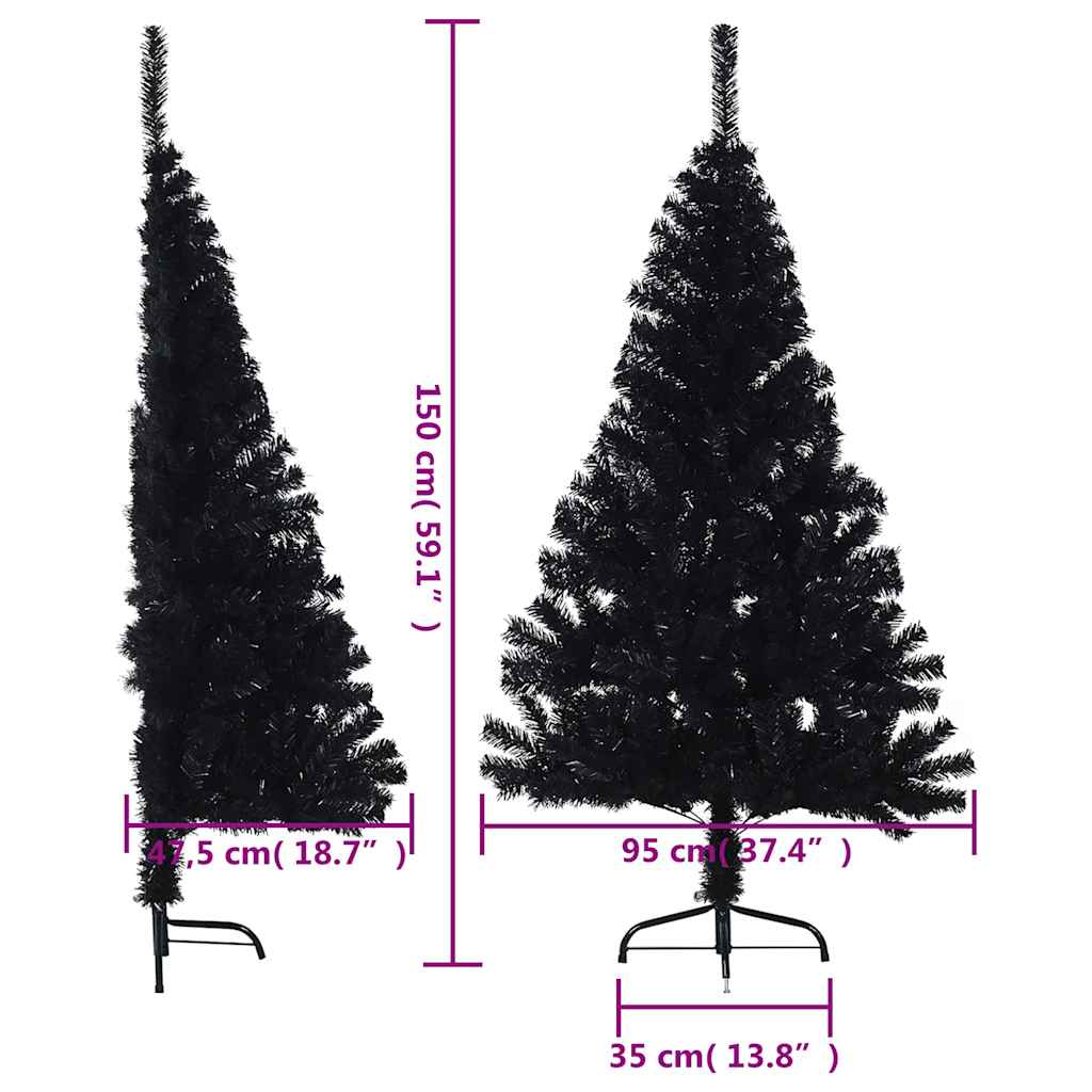 Dirbtinė pusinė Kalėdų eglutė su stovu, juoda, 150cm, PVC