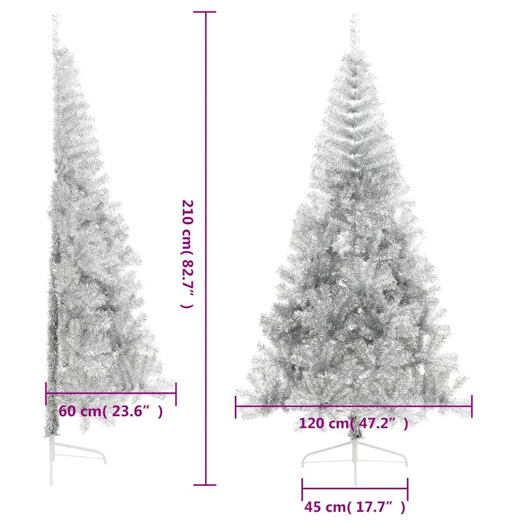 Dirbtinė pusinė Kalėdų eglutė su stovu, sidabrinė, 210cm, PET