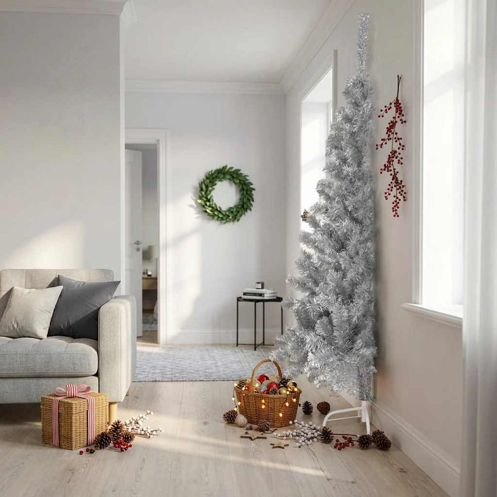 Artificial half Christmas tree with stand, silver, 210cm, PET