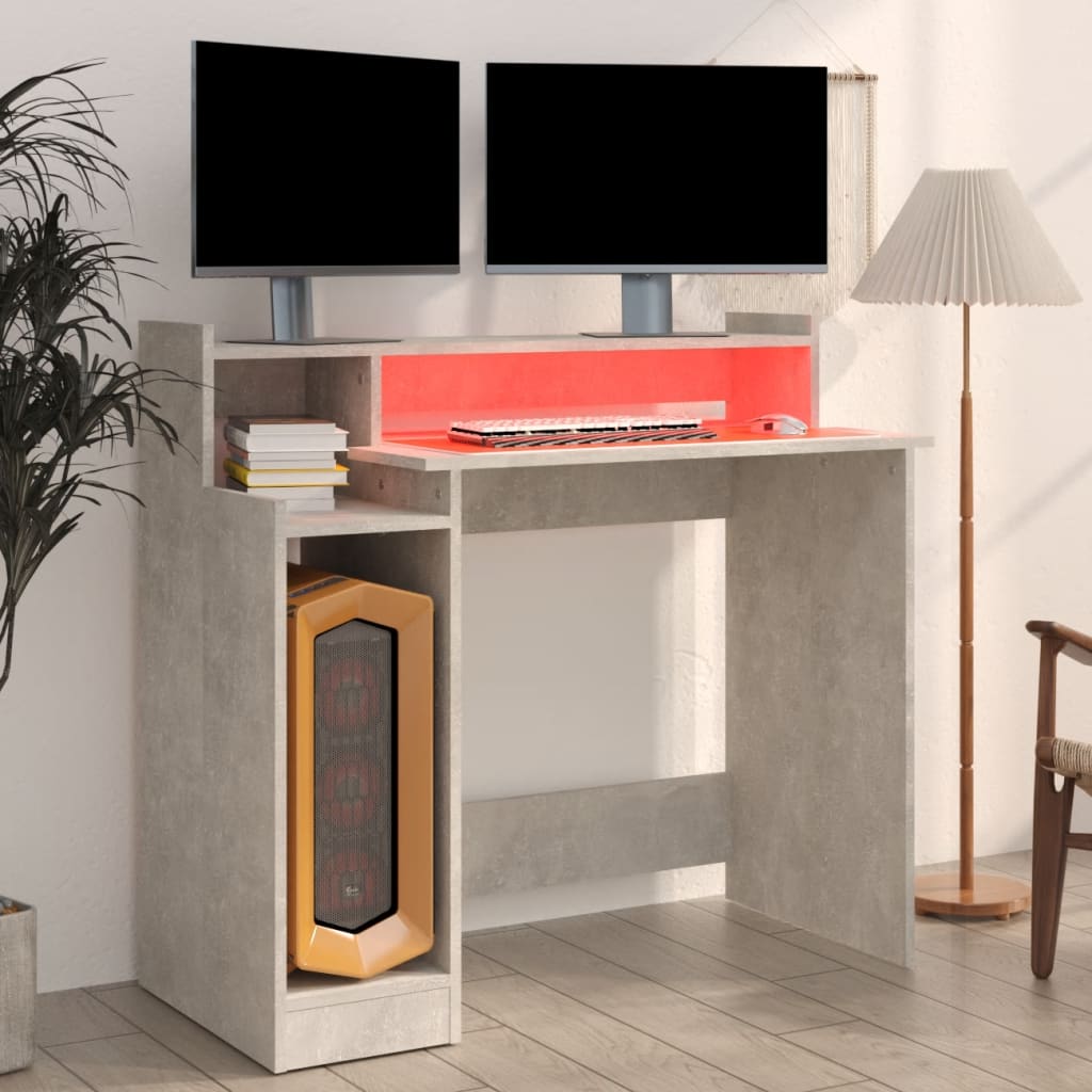 Rakstāmgalds ar LED, betona pelēks, 97x45x90cm, koks