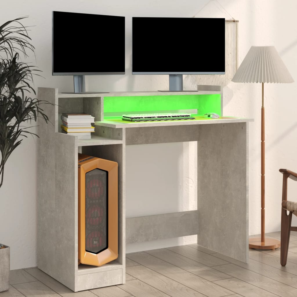 Rakstāmgalds ar LED, betona pelēks, 97x45x90cm, koks
