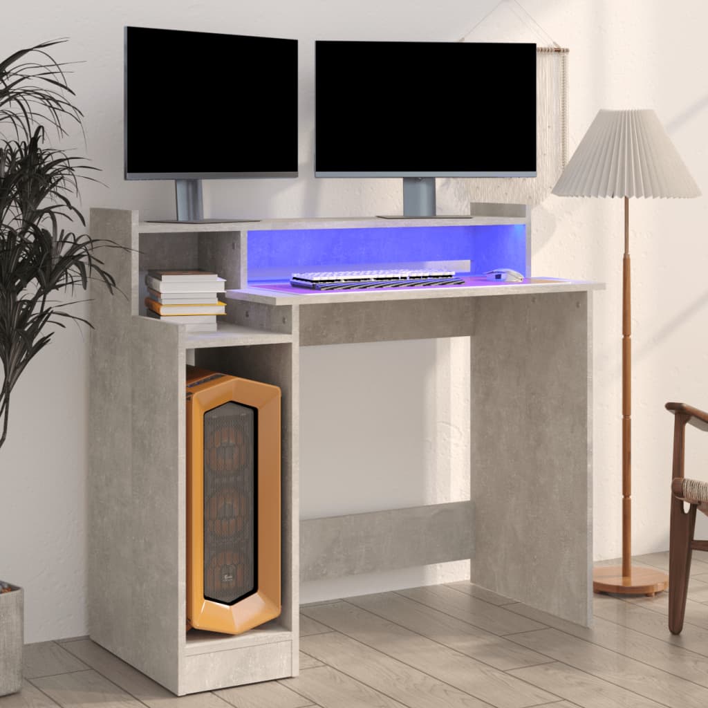 Rakstāmgalds ar LED, betona pelēks, 97x45x90cm, koks