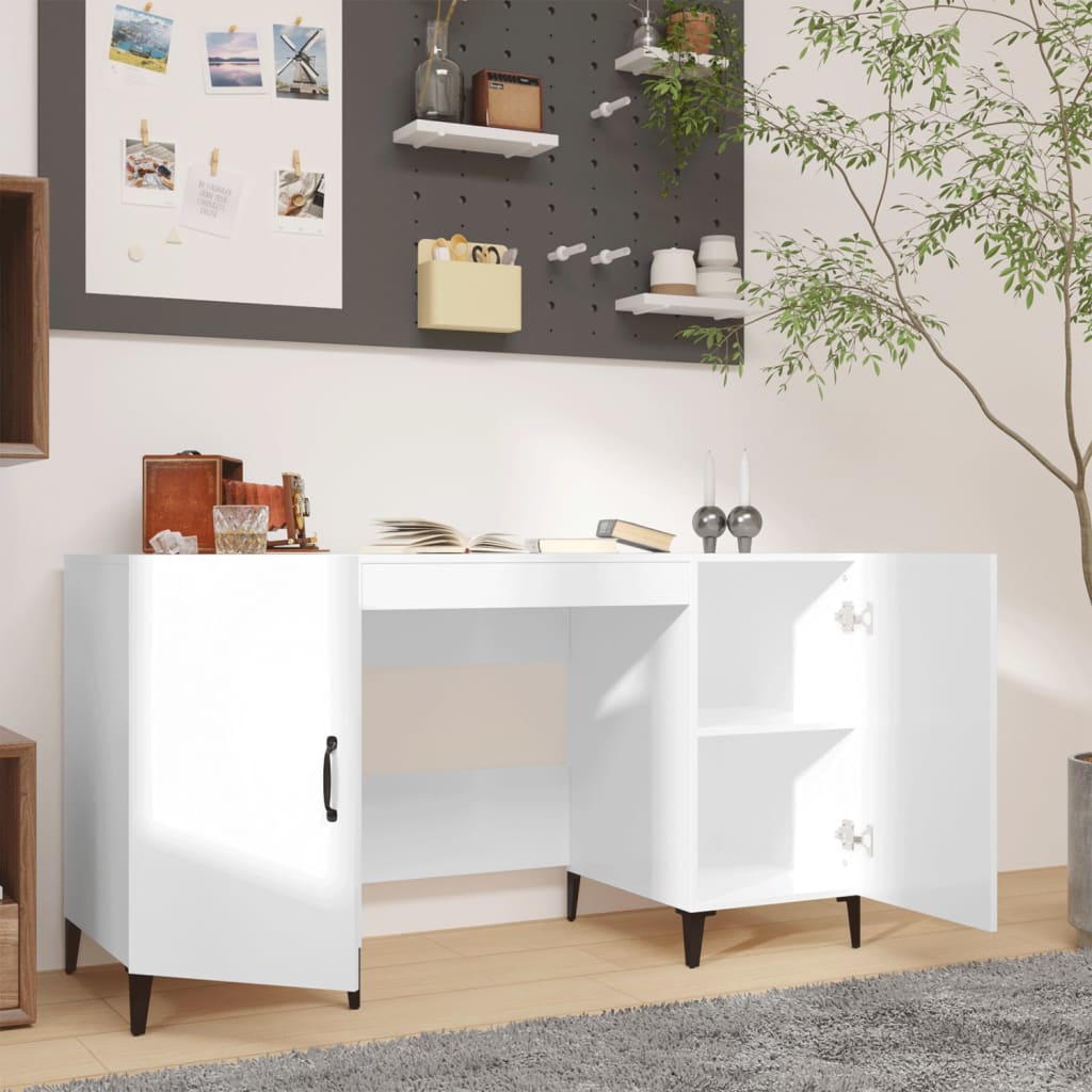 Desk, white, 140x50x75cm, wood, glossy