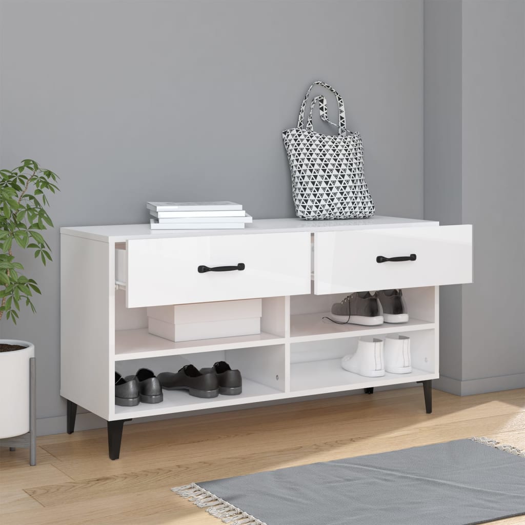 Shoe cabinet, white, 102x35x55cm, engineered wood, high gloss