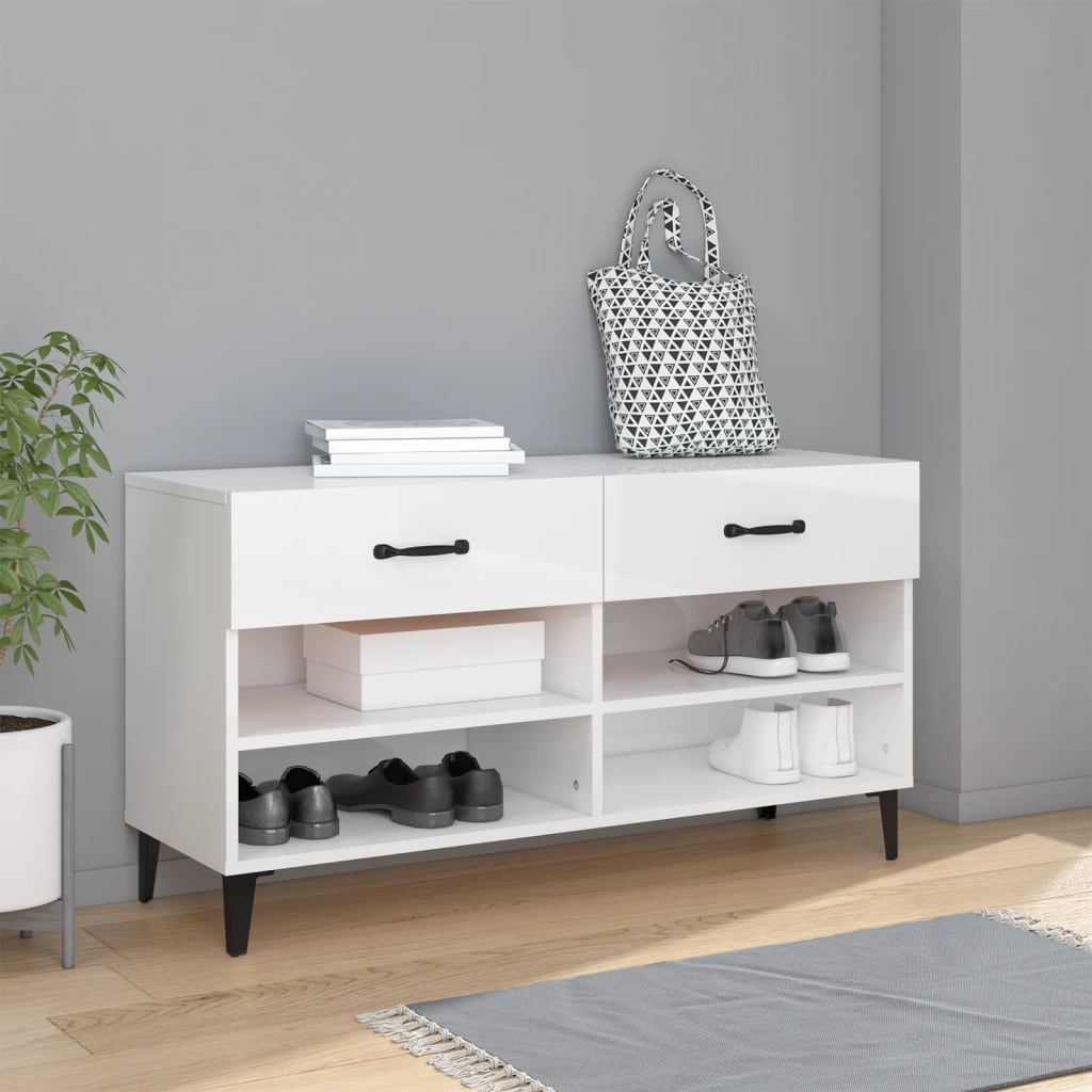 Shoe cabinet, white, 102x35x55cm, engineered wood, high gloss