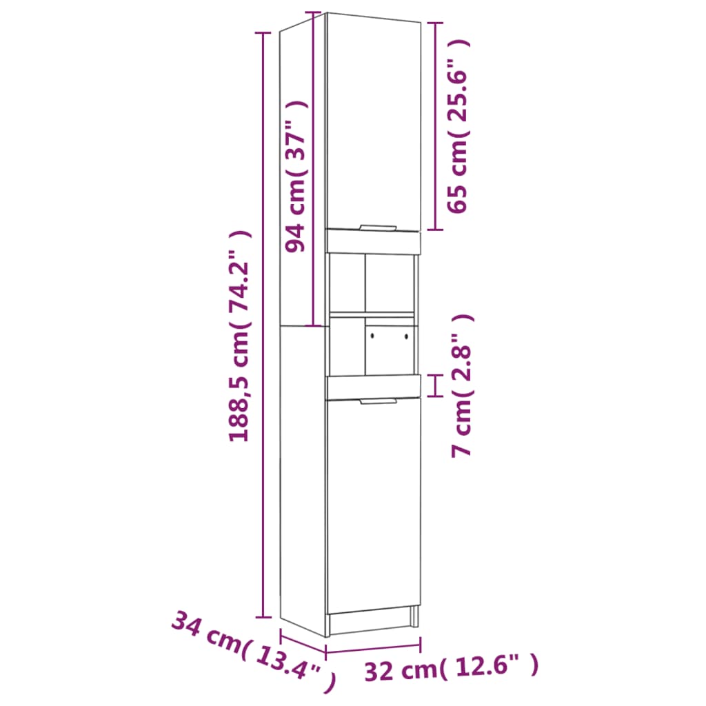 Bathroom cabinet, smoky oak, 32x34x188.5cm, wood