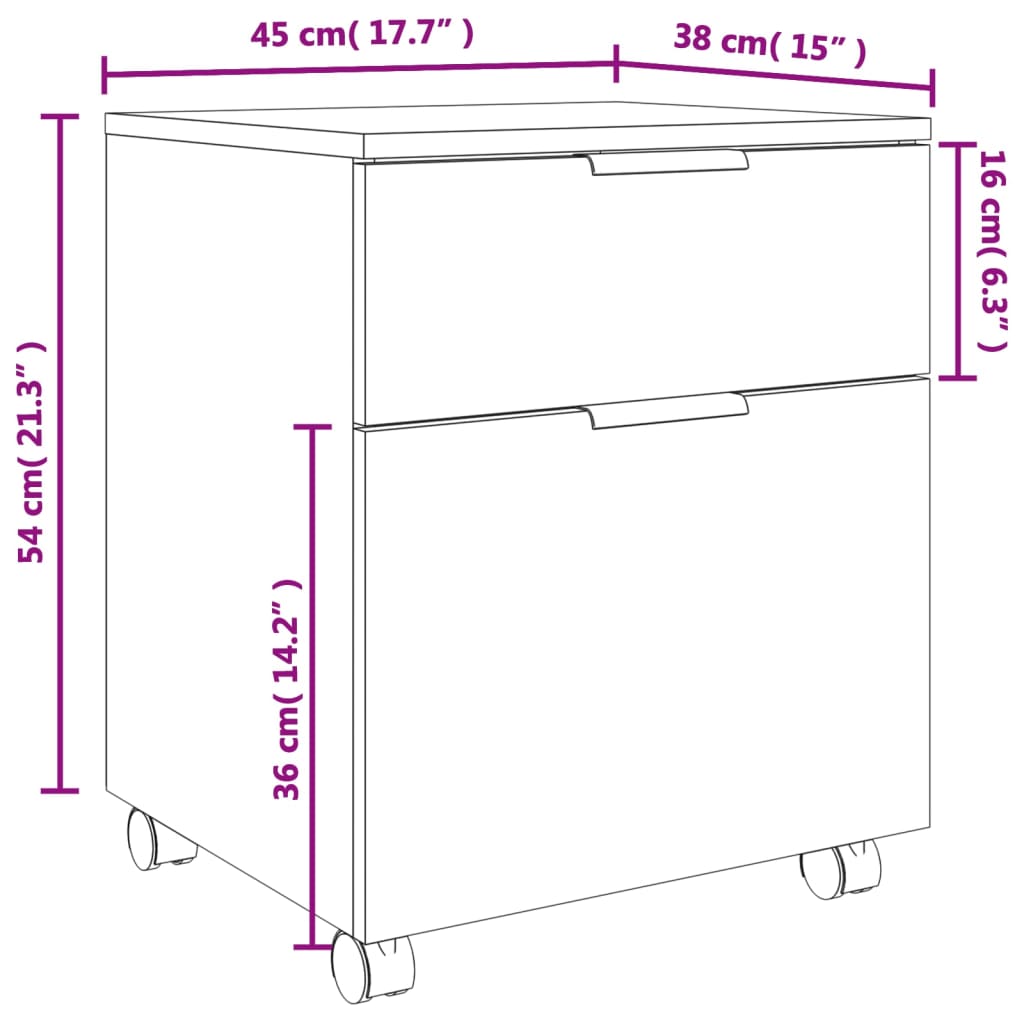 Filing cabinet with castors, oak, 45x38x54cm, wood