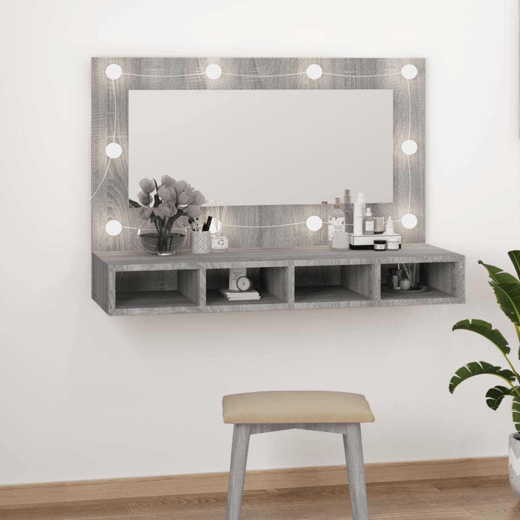 Veidrodinė spintelė su LED, pilka ąžuolo, 90x31,5x62 cm