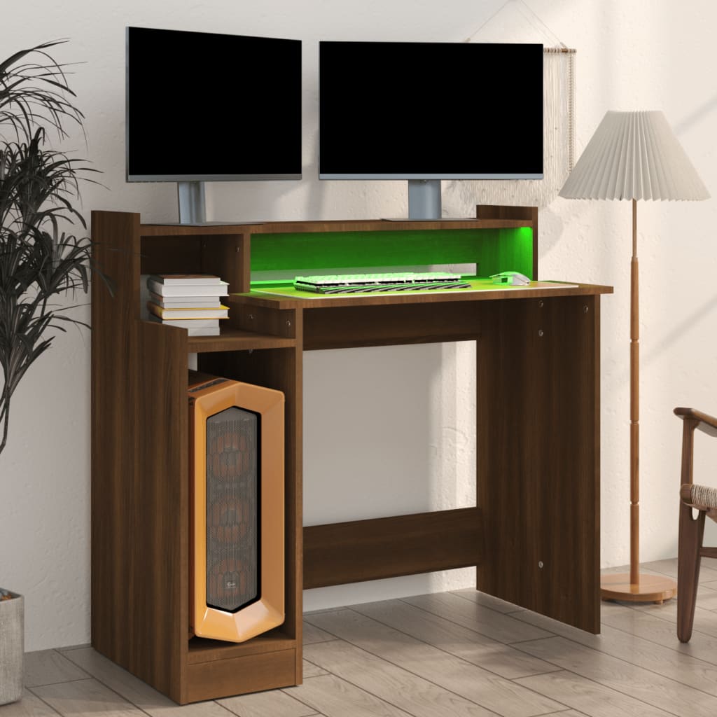 Rakstāmgalds ar LED, brūns ozols, 97x45x90cm, koks