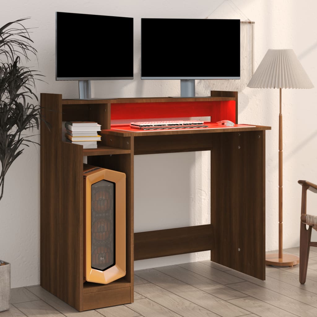 Rakstāmgalds ar LED, brūns ozols, 97x45x90cm, koks