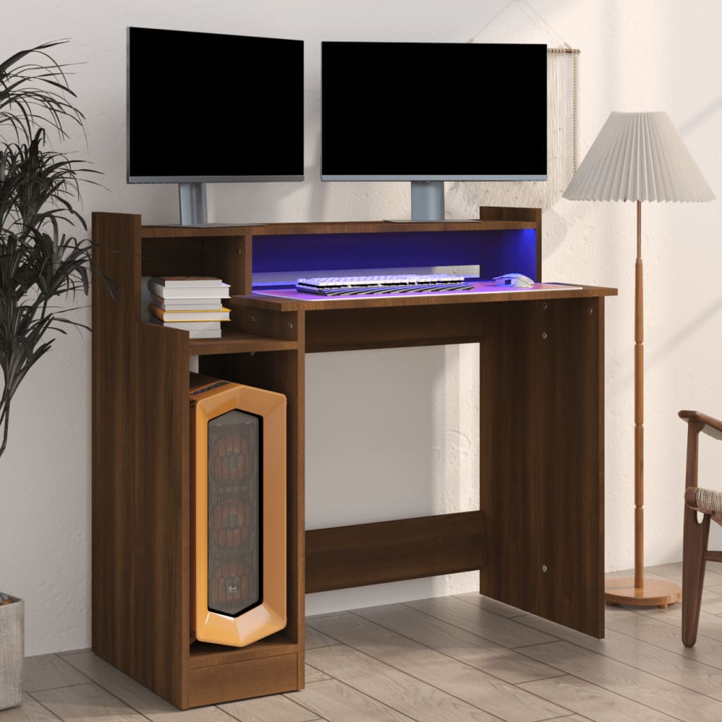 Rakstāmgalds ar LED, brūns ozols, 97x45x90cm, koks
