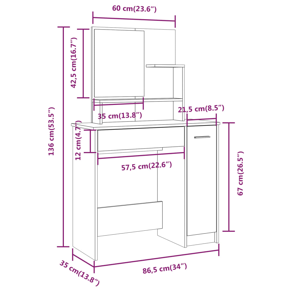 Dressing table with mirror, brown, 86.5x35x136cm