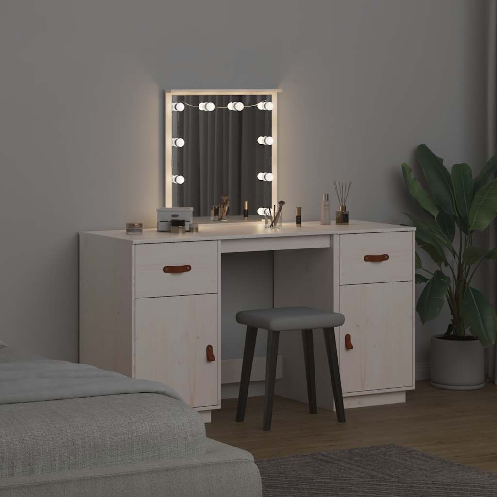 Kosmetinio staliuko su LED komplektas, baltas, pušies masyvas
