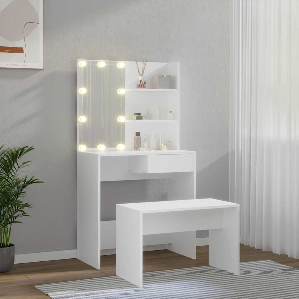 Kosmetinio staliuko komplektas su LED, baltas, apdirbta mediena