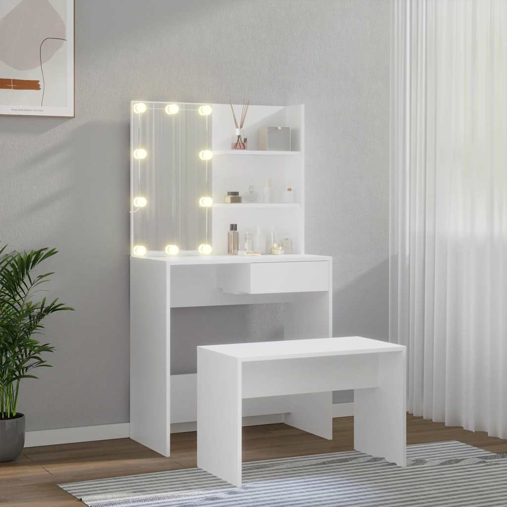 Kosmetinio staliuko komplektas su LED, baltas, apdirbta mediena