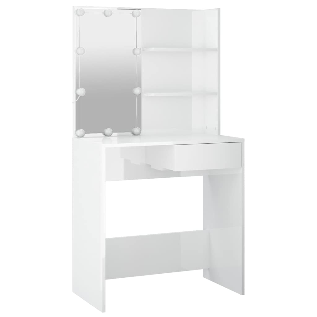 Kosmetinio staliuko komplektas su LED, baltas, mediena, blizgus
