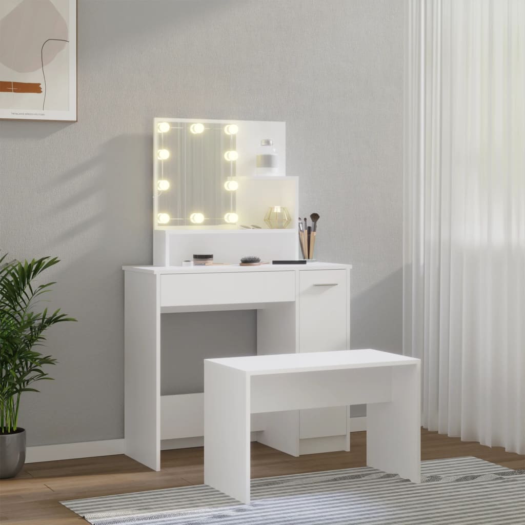 Kosmetinio staliuko komplektas su LED, baltas, apdirbta mediena