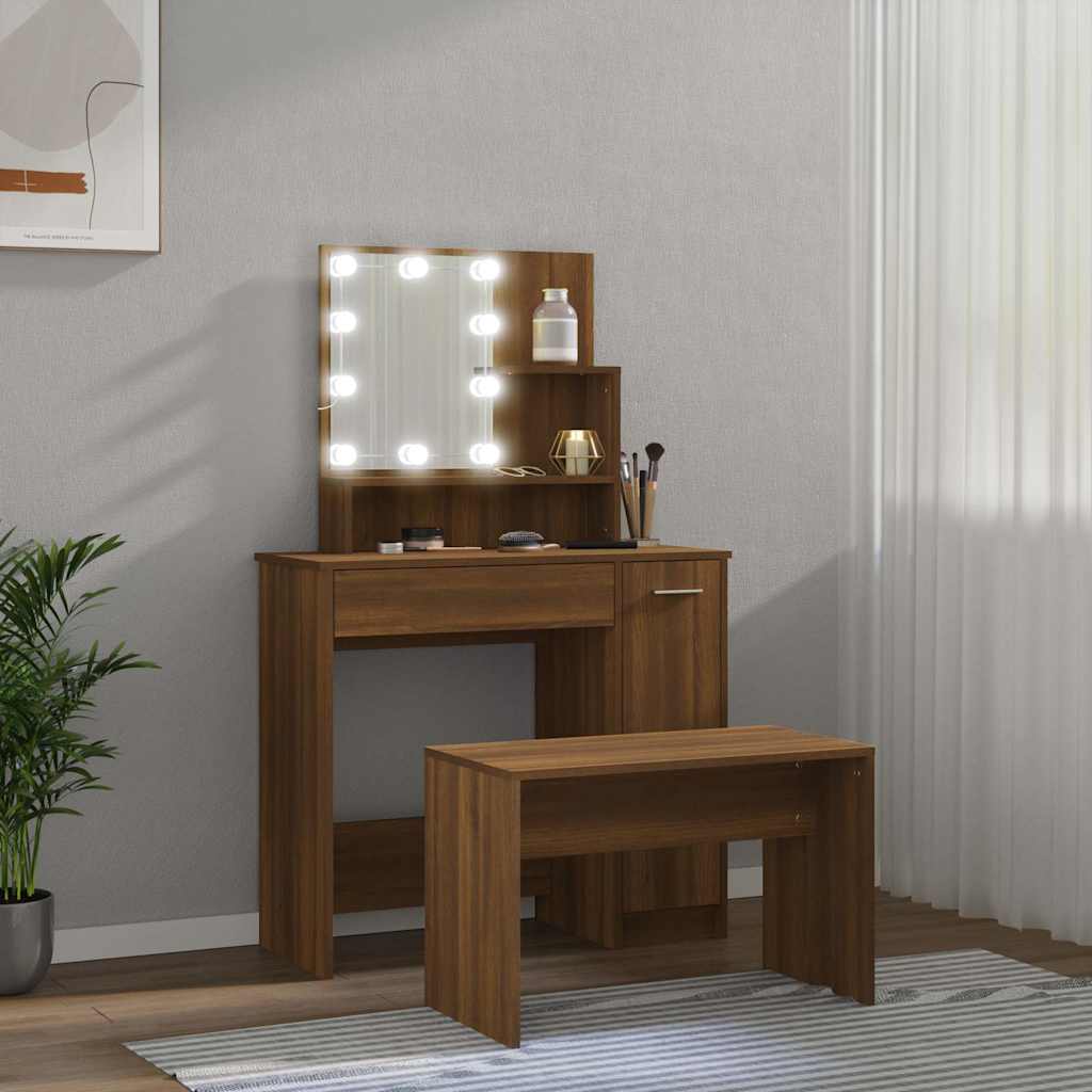 Kosmetinio staliuko komplektas su LED, rudas ąžuolo, mediena