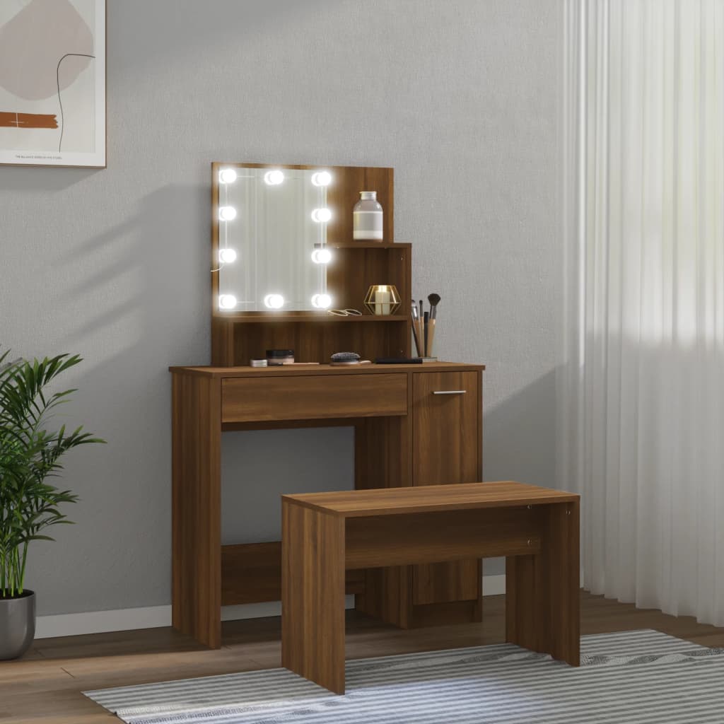 Kosmetinio staliuko komplektas su LED, rudas ąžuolo, mediena